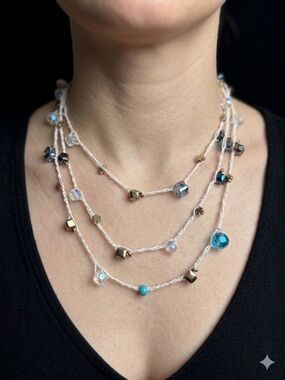 Long Beaded Crochet Necklace | Clover Bead Detail | Glass & Crystal Beads | 25”